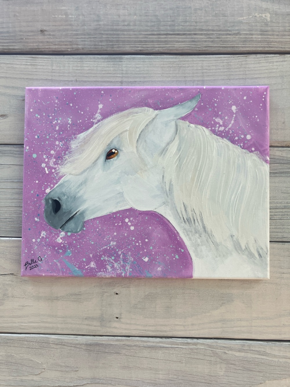 White Horse Original Raw Canvas Art on Purple Abstract Background Equine Vibrant